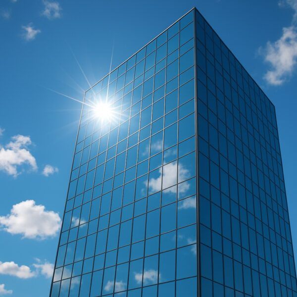 edificio recubierto de una lámina solar espejo que garantiza protección y seguridad