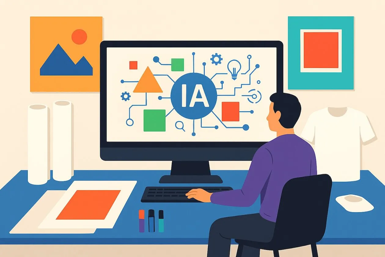 Ilustración digital moderna y profesional para un artículo sobre inteligencia artificial en impresión digital. Se muestra un escritorio creativo con un ordenador, donde en la pantalla aparecen formas geométricas abstractas y símbolos tecnológicos que representan la IA. Alrededor del escritorio se ven elementos gráficos genéricos como carteles, lonas enrolladas y camisetas en blanco. Estilo limpio, tecnológico y con colores vivos sobre fondo neutro