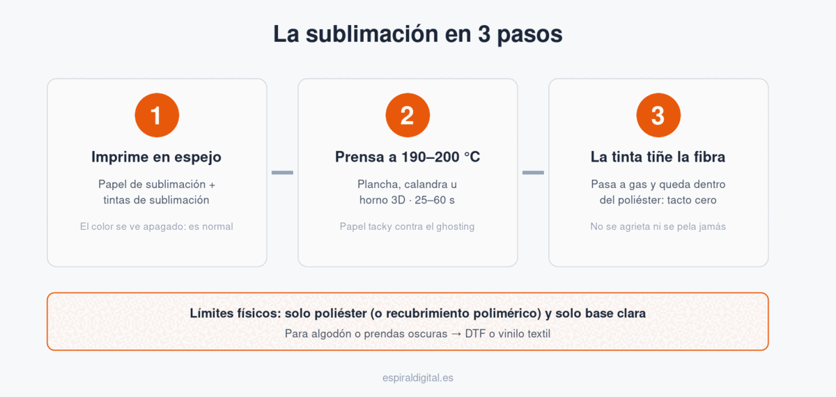 Infografía del proceso de sublimación en 3 pasos: impresión en espejo sobre papel de sublimación, prensado a 190-200 °C y la tinta convertida en gas tiñe la fibra de poliéster
