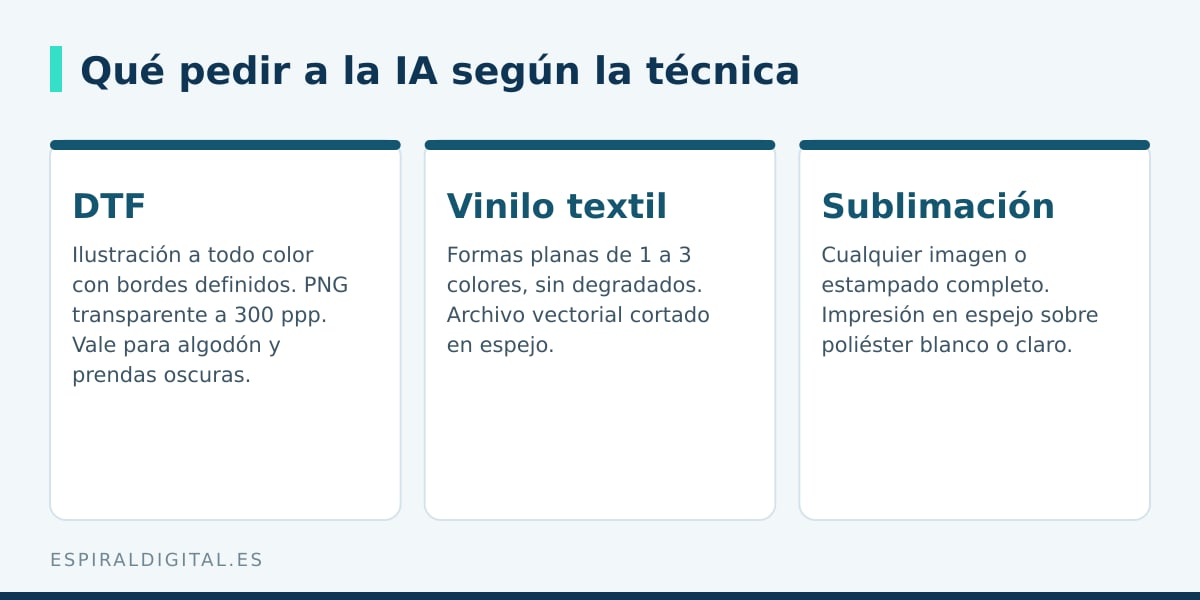 Qué diseño pedir a la IA según se estampe en DTF, vinilo textil o sublimación
